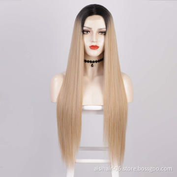 Aisi Beauty Vendor Cheap Party 26 Inch Long Straight Ombre Blonde Wig Swiss Lace Synthetic Hair For Black Women Lace Front Wig